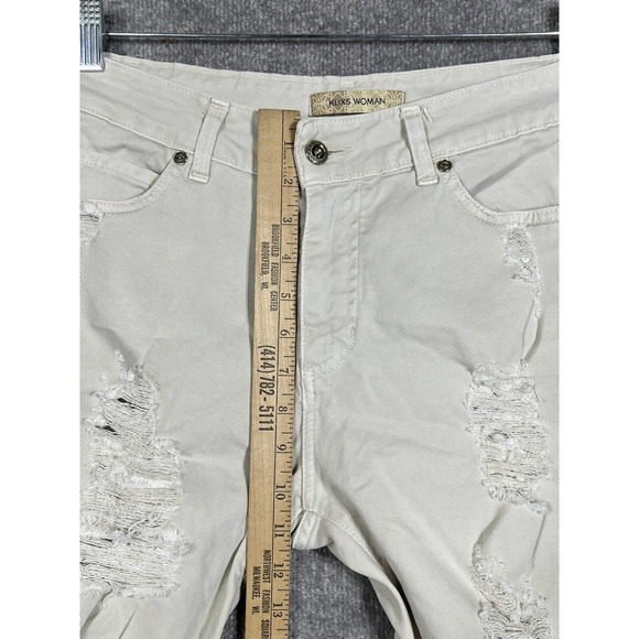 Klixs Distressed Trashed Jeans Womens Size 24 Stretch Off White Denim Italy Made - Picture 13 of 15